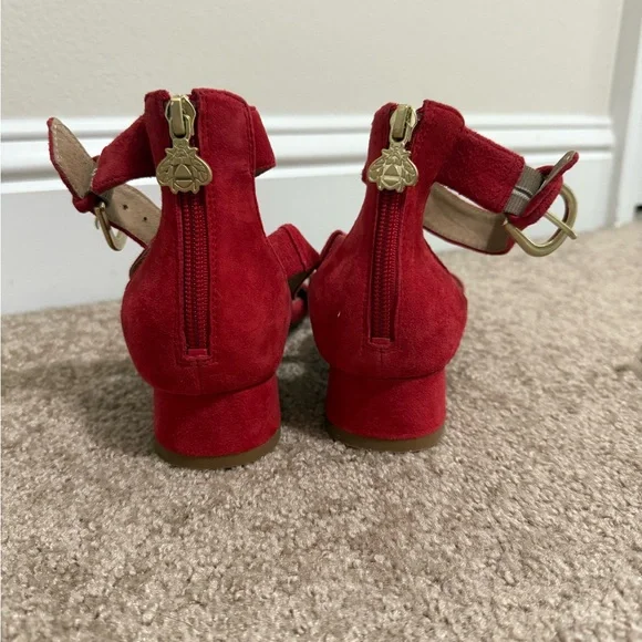 Bettye Muller Red Suede Sandals | Block Heel w/ Double Buckle & Zip | 1.5” Heel - Picture 5 of 9